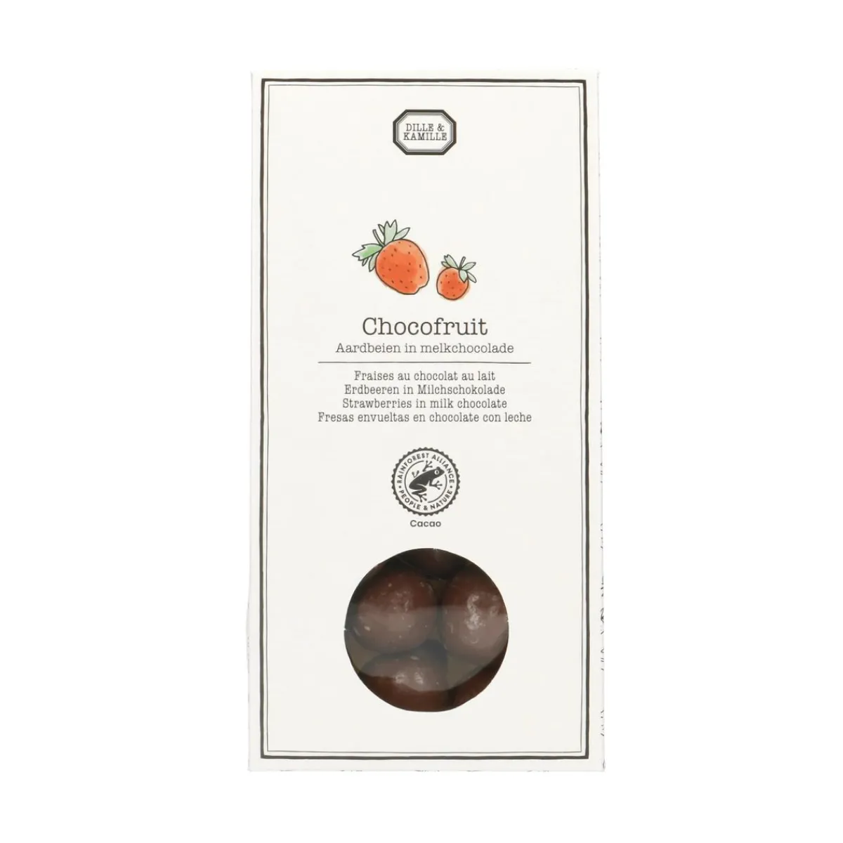 Chocolade*DILLE & KAMILLE Aardbeien in melkchocolade, 80 gram