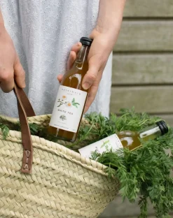 Picknick|Rieten Tassen*DILLE & KAMILLE Boodschappentas, palmblad, lang lederen hengsel