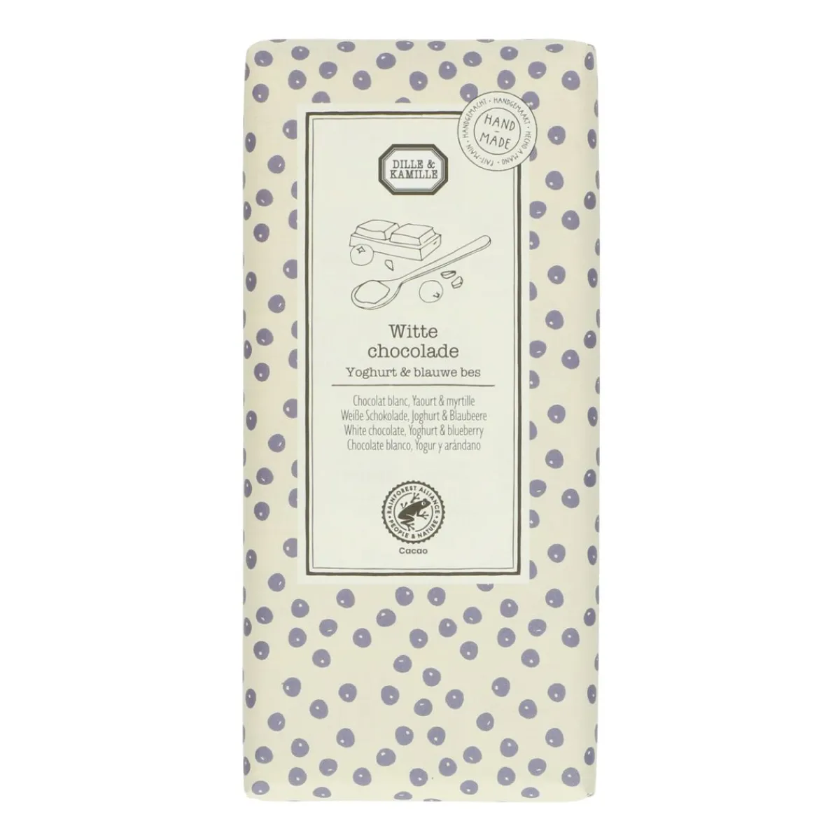 Chocolade*DILLE & KAMILLE Chocoladetablet, wit, yoghurt & blauwe bes, 130 g