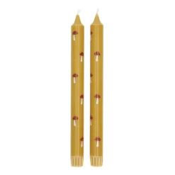 Warm Wonen|Herfst Decoratie*DILLE & KAMILLE Dinerkaarsen, geel met paddenstoelen, 25 cm, 2 stuks