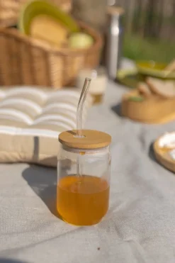 Glazen*DILLE & KAMILLE Glas met bamboe deksel en rietje, hittebestendig glas