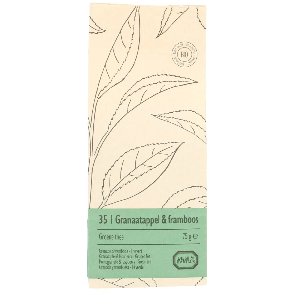 Thee*DILLE & KAMILLE Granaatappel & framboos, biologisch, groene thee, zakje 75 gram