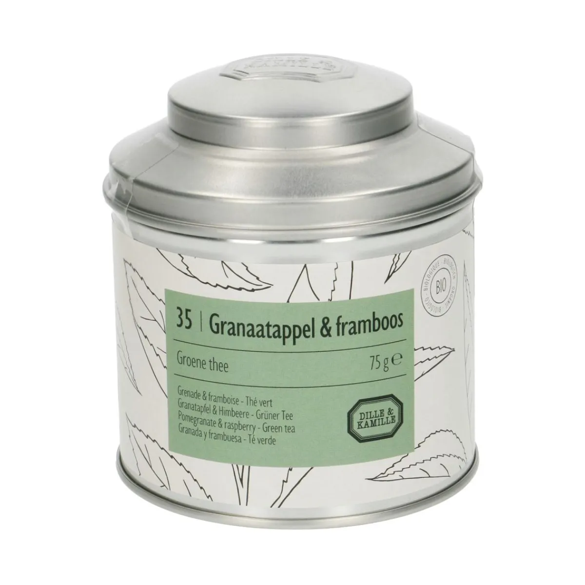 Thee*DILLE & KAMILLE Granaatappel & framboos, biologisch, groene thee, blik, 75 gram