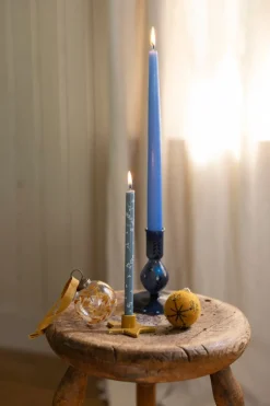 Kandelaars*DILLE & KAMILLE Kandelaar, beschilderd, blauw glas, bloem, 12,5 cm