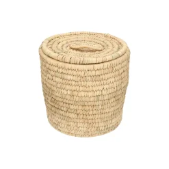 Rieten Manden*DILLE & KAMILLE Mand met deksel, rond, kansgras en dadelblad, middel