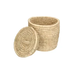Rieten Manden*DILLE & KAMILLE Mand met deksel, rond, kansgras en dadelblad, middel