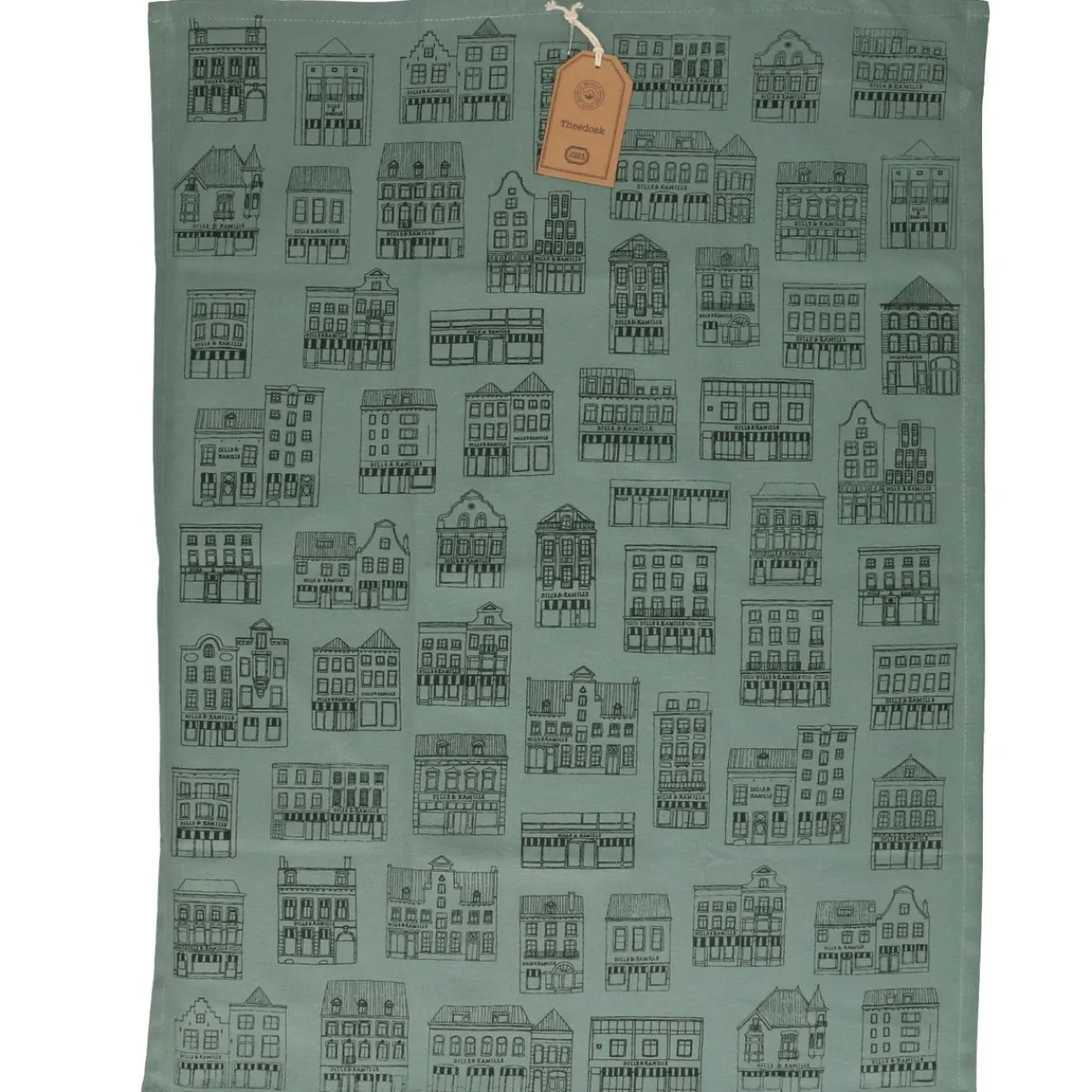 Vaatdoeken*DILLE & KAMILLE Theedoek, bio-katoen, groengrijs met zwarte geveltjes, 50 x 70 cm