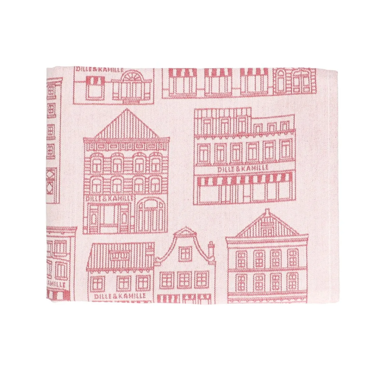 Vaatdoeken*DILLE & KAMILLE Theedoek, katoen, wit/rood met gevelmotief